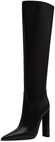 FSJ Women Sexy Knee High Chunky Heel Boots Matte Leather Closed Pointed Toe Side Zipper High Heeled Wide Calf Winter Fashion Dress Booties 4-15 M US