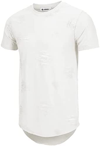 KLIEGOU Mens Hipster Hip Hop Ripped Round Hemline Hole T Shirt(1705)