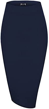 Elastic High Waist Knee Length Pencil Skirt Ribbed Knit Basic Tube Midi Skirt