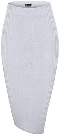 Elastic High Waist Knee Length Pencil Skirt Ribbed Knit Basic Tube Midi Skirt