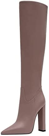 FSJ Women Sexy Knee High Chunky Heel Boots Matte Leather Closed Pointed Toe Side Zipper High Heeled Wide Calf Winter Fashion Dress Booties 4-15 M US