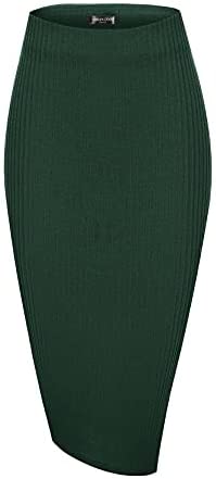 Elastic High Waist Knee Length Pencil Skirt Ribbed Knit Basic Tube Midi Skirt