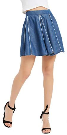 Womens Tencel Denim Skirt Patchwork Piping Mini Midi Skirt