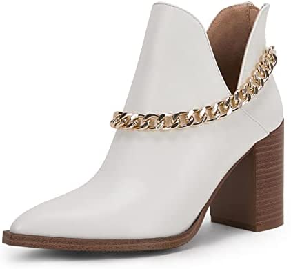 Womens V Cut Out Ankle Boots Chunky Block Back Zipper Booties Pointed Toe Comfortable Shoes with Metal Chain