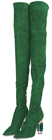 FSJ Women Winter Over The Knee Boots Crystal Chunky High Heels Stretch Thigh High Fashion Zipper Long Boots Faux Suede Comfort Warm Shoes Size 4-15 US