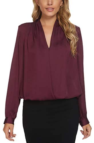Women's Business Casual V-Neck Long Sleeve Wrap Blouse Solid Chiffon Shirts