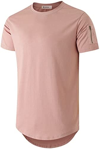 KLIEGOU Mens 100% Cotton Hipster Hip Hop Crewneck T-Shirt with Zip Pocket