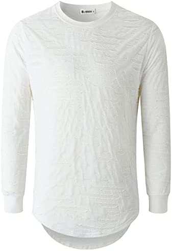 KLIEGOU Mens Hipster Hip Hop Ripped Round Hemline Hole T Shirt (05-3)