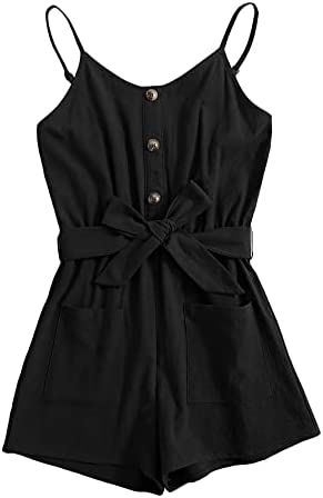 GAMISOTE Girls Romper Strappy Sleeveless Button Tie Front Jumpsuit With Pockets