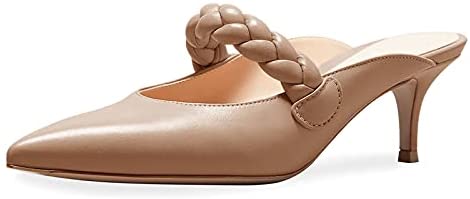 Womens Braided Strap Stiletto Mules Closed Pointed Toe Heeled Sandals Kitten Mid Heel Backless Slides