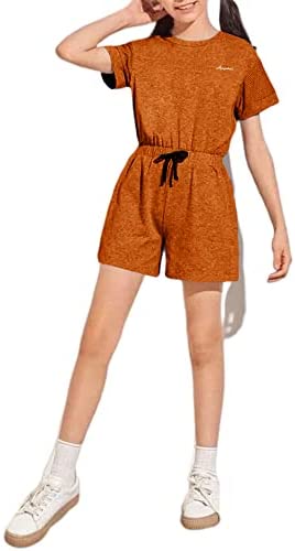 Girls Kids Crewneck Shorts Rompers Short Sleeve Drawstring Back Zipper Cotton Cute One Piece Outfits Jumpsuit