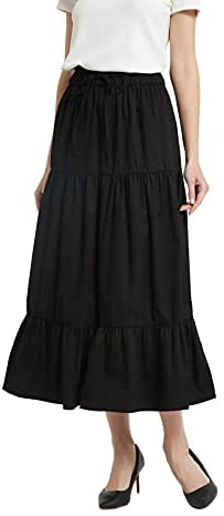 Womens A Line Long Midi Denim Skirt Tired Pleated Layers Elastic Waist Front Drawstring