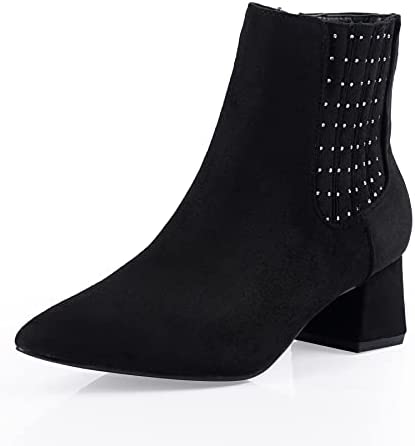 Heel The World Women's Ankle Boots Pointed Toe Low Block Heel Booties with Rhinestones