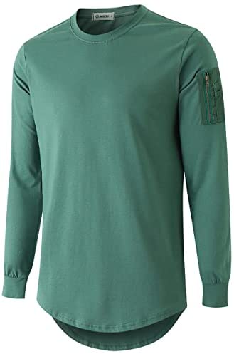 KLIEGOU Mens 100% Cotton Hipster Hip Hop Crewneck T-Shirt with Zip Pocket