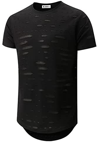 KLIEGOU Mens Hipster Hip Hop Ripped Round Hemline Hole T Shirt (05-3)