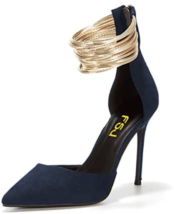 Women Chic Stiletto Heels D'Orsay Pumps Gold Ankle Strap Rings Closed Pointed Toe Heeled Sandals Back Zip Ladies Dress Shoes Size 4-15 US