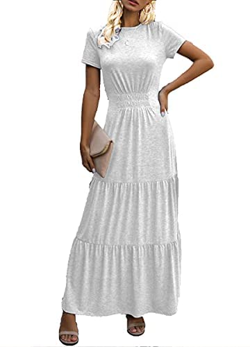 Dyexces Women’s Maxi Dress Summer Dresses Tunic Short Sleeve Crewneck Tiered Long Skirts
