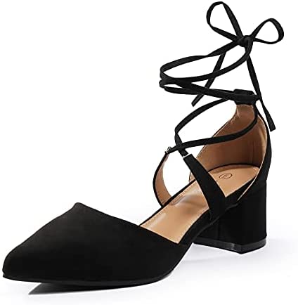 Heel The World Women's Pointed Toe Dress Pumps Lace Up Low Block Heels