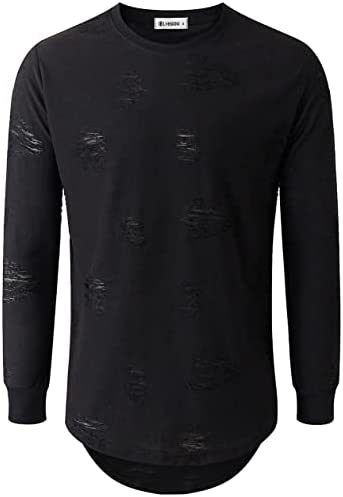 KLIEGOU Mens Hipster Hip Hop Ripped Round Hemline Hole T Shirt(1705)