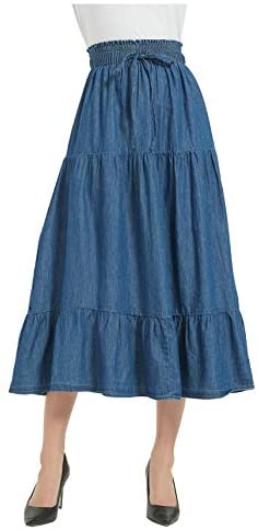 Womens A Line Long Midi Denim Skirt Tired Pleated Layers Elastic Waist Front Drawstring