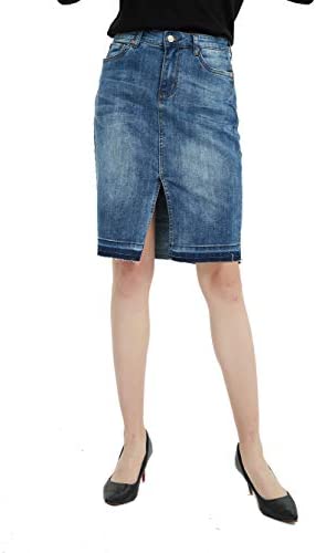 Womens Distressed Stretch Denim Pencil Skirt Frayed Hem