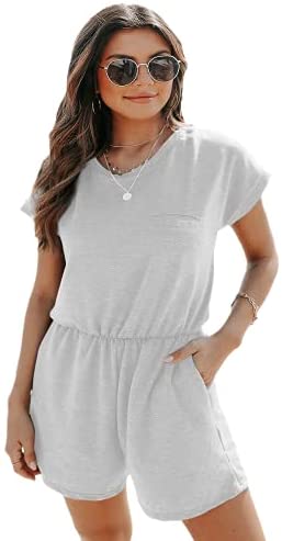 Dyexces Womens Crew Neck Rompers Summer Shorts Loose Tie Short Sleeve Stretch Waist Rompers with Pockets