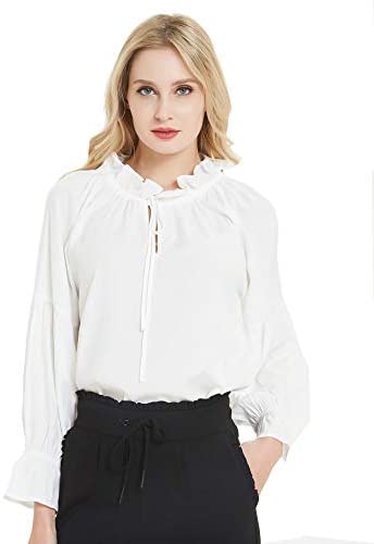 Womens White Oversized Tie Ruffled Neckline Top Blouse Tunic Shirt