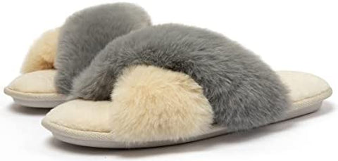 Women's Cross Band Furry Slippers Cozy Plush House Slippers Open Toe Soft Fuzzy Slippers Slip on Comfy Indoor Slippers