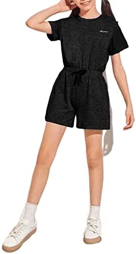 Girls Kids Crewneck Shorts Rompers Short Sleeve Drawstring Back Zipper Cotton Cute One Piece Outfits Jumpsuit