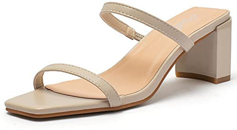 Katliu Women's Braided Heeled Mules Square Toe Block Heel Sandals Two Strap Heeled Slide Sandals