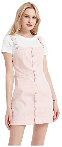 Women's Button Front Classic Adjustable Strap Overall Denim Skirt Dress
