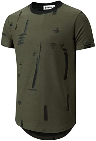 KLIEGOU Mens Hipster Hip Hop Ripped Round Hemline Hole T Shirt(1705)