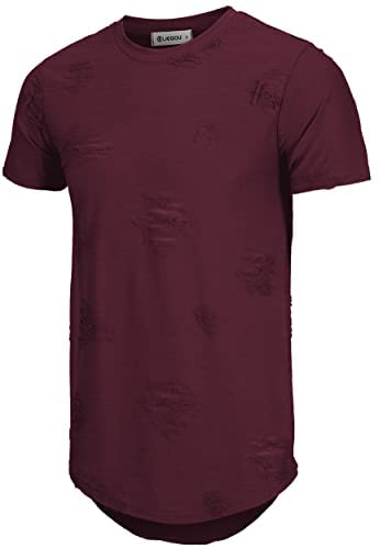 KLIEGOU Mens Hipster Hip Hop Ripped Round Hemline Hole T Shirt(1705)