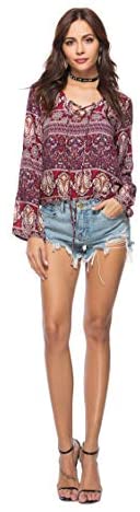 Womens Casual V Neck Viscose Paisley Print Tunics Top Shirt Blouse Tie on The Front