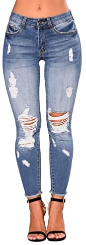 elselect Women's Fashion Ripped Jeans Mid Waist Skinny Jeans Stretch Destroyed Jeans for Women with Pockets