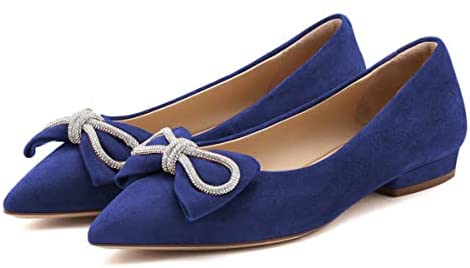FSJ Women Fashion Sparkling Crystal Bowknot Chic Chain Comfortable Slip on Pointed Toe Low Heels Chunky Ballet Flats Dress Party Office Shoes Size 4-15 US