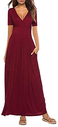 Women's V Neck Short Sleeve Floral Print Dress Maxi Casual Dresses