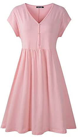 TIMSEM Women's Short Sleeve Dresses V Neck Half Button Summer Floral Smock Dress