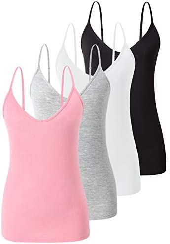Xelky Womens V Neck Camisole Lightweight Tank Tops Adjustable Spaghetti Strap Undershirts Stretch Soft Plain cami 4 Pack S-XL