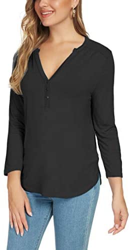 Women's 3/4 Sleeve Floral Print Shirts V Neck Button Up Blouse Tops