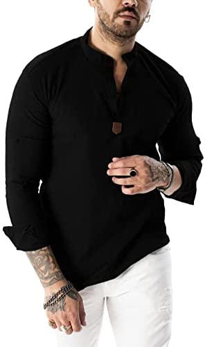 Men's Long Sleeve Cotton Henley Shirts Basic Casual Button Up Banded Collar Yoga Shirt Soft Beach Tops