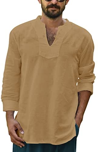 Yasiter Men's V Neck T Shirts Long Sleeve Solid Lightweight Side Seams Breathable Frog Button Henley Shirt