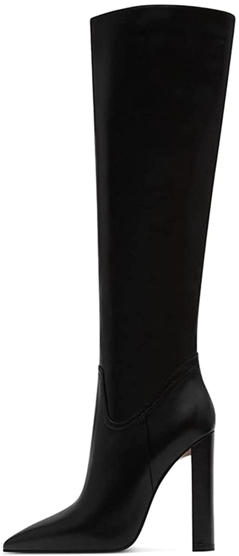 FSJ Women Sexy Knee High Chunky Heel Boots Matte Leather Closed Pointed Toe Side Zipper High Heeled Wide Calf Winter Fashion Dress Booties 4-15 M US