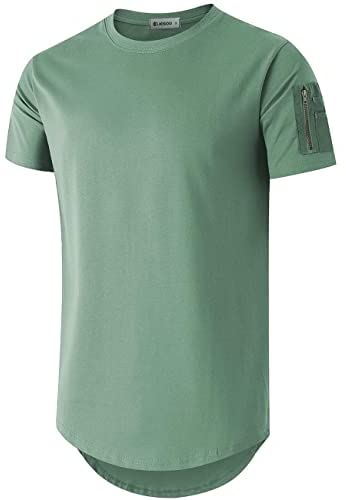 KLIEGOU Mens 100% Cotton Hipster Hip Hop Crewneck T-Shirt with Zip Pocket