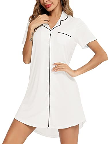 Pajama Nightgown for Women Short/Long Sleeve Button Down Nightwear Top Boyfriend Sleep Shirts Nightdress S-XXL