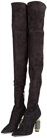 FSJ Women Winter Over The Knee Boots Crystal Chunky High Heels Stretch Thigh High Fashion Zipper Long Boots Faux Suede Comfort Warm Shoes Size 4-15 US
