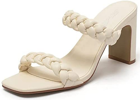 Katliu Women's Braided Heeled Mules Square Toe Block Heel Sandals Two Strap Heeled Slide Sandals