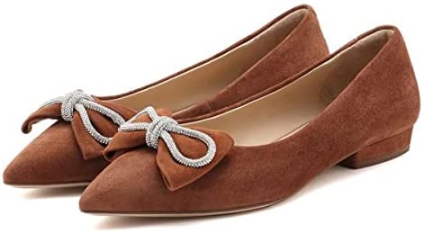 FSJ Women Fashion Sparkling Crystal Bowknot Chic Chain Comfortable Slip on Pointed Toe Low Heels Chunky Ballet Flats Dress Party Office Shoes Size 4-15 US