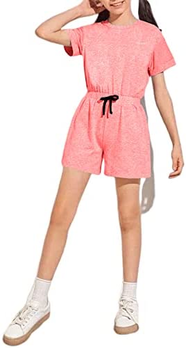 Girls Kids Crewneck Shorts Rompers Short Sleeve Drawstring Back Zipper Cotton Cute One Piece Outfits Jumpsuit