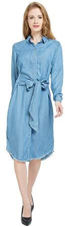 Womens Distressed Long Sleeve V Neck Button Down Denim Shirt Dress with Belt